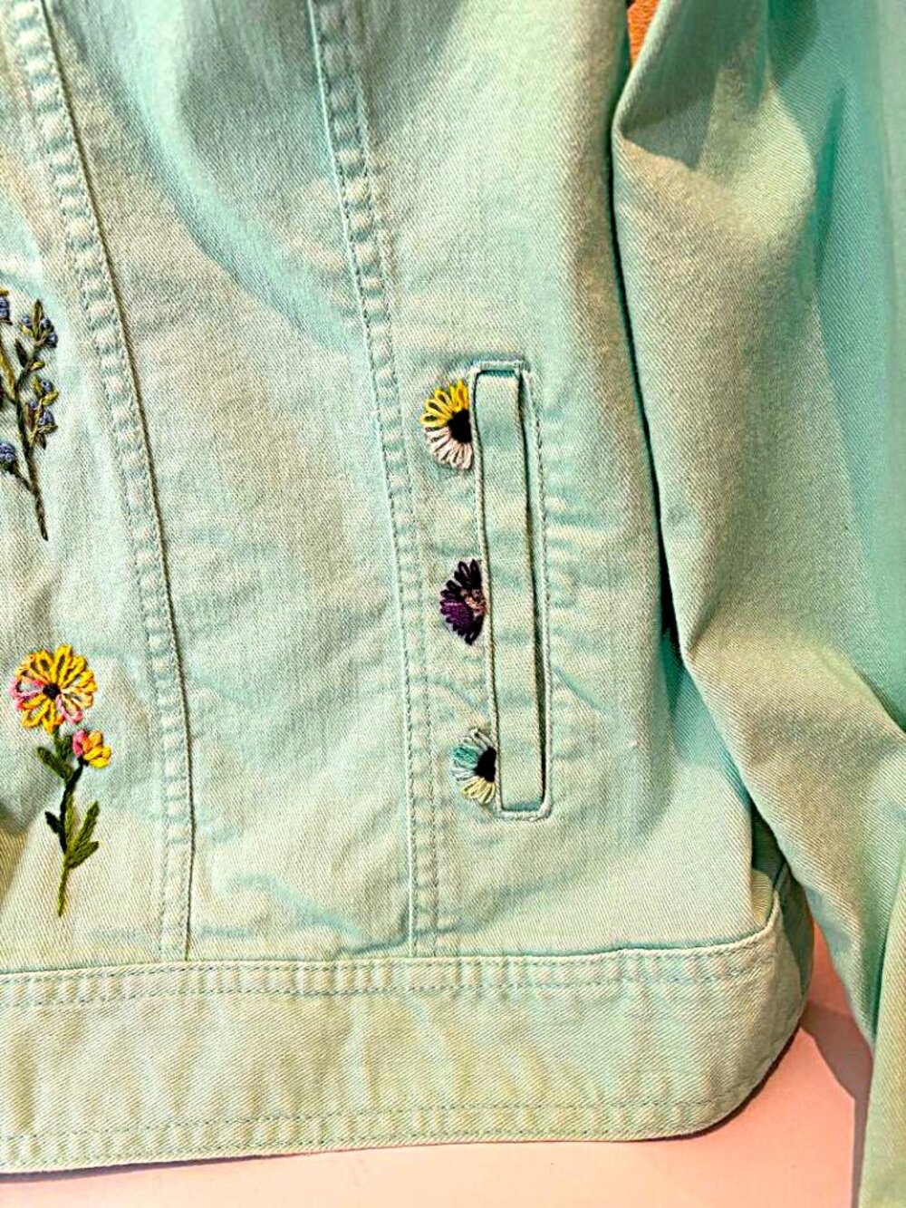 Women's Plus size Bohemian Hand Embroidered Frayed Mint Green Denim Jacket XXL - Picture 9 of 9